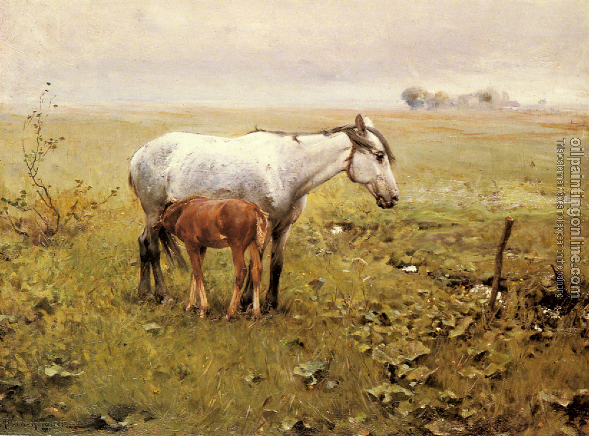 Wierusz-Kowalski, Alfred von - A Mare and her Foal in a Landscape